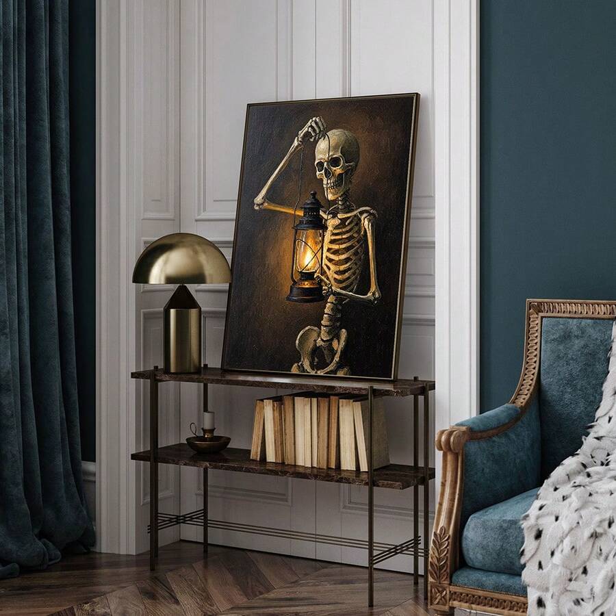 Retro orange striped Couch Club poster in a relaxed bedroom setting