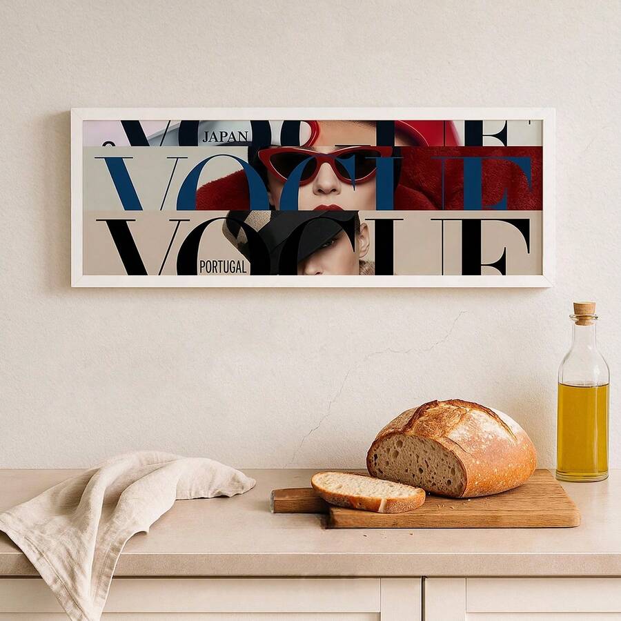 Chic magazine cover collage poster above modern counter