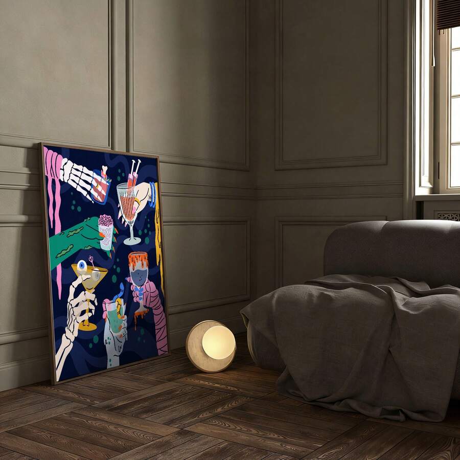 Halloween monster hands and spooky cocktails on gothic bar cart poster