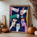 Halloween monster hands and spooky cocktails on gothic bar cart poster