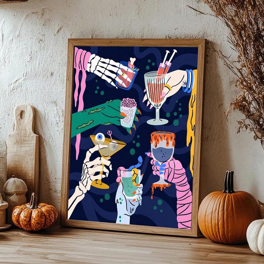 Halloween monster hands and spooky cocktails on gothic bar cart poster