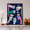 Close-up of colorful monster hands and drinks in Halloween artwork