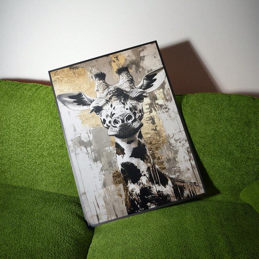 Giraffe poster on green sofa with abstract background
