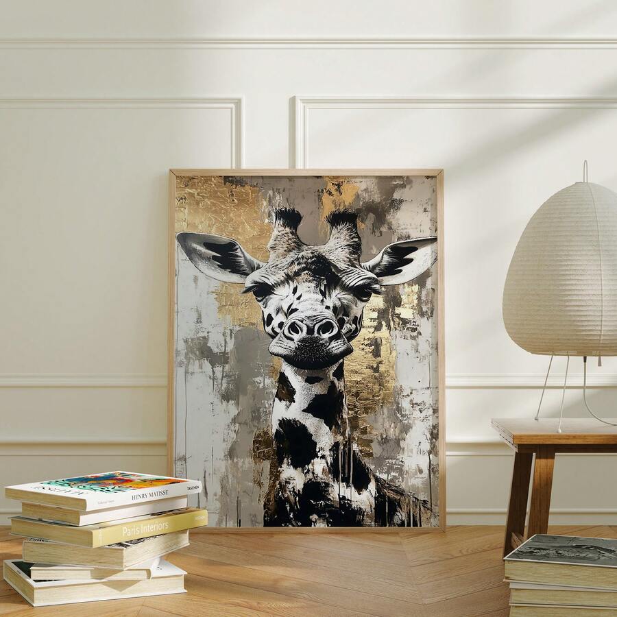 Giraffe canvas poster against paneled wall
