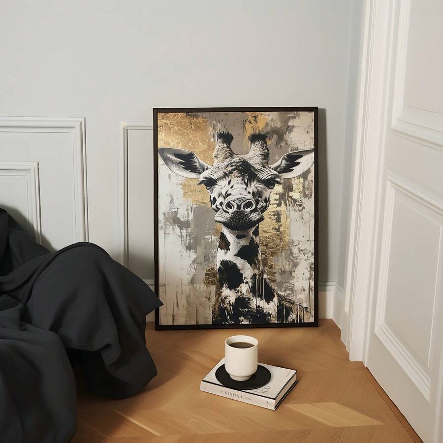 Giraffe art poster leaning in room corner