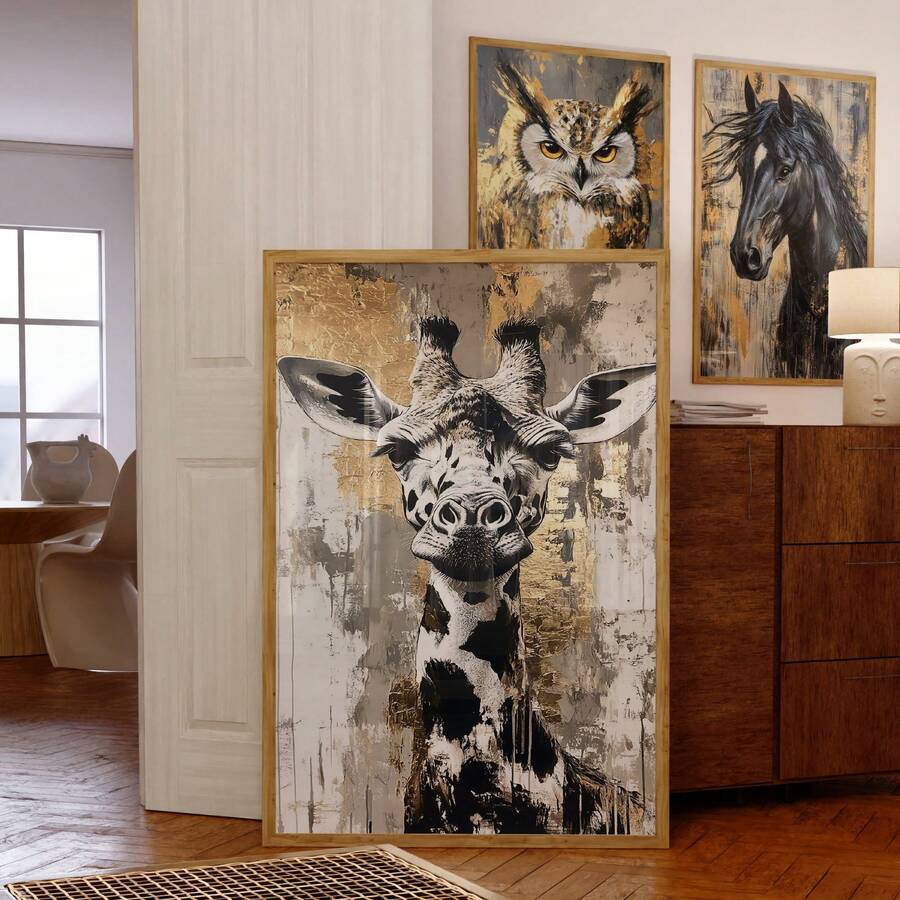 Large giraffe wall art leaning on floor