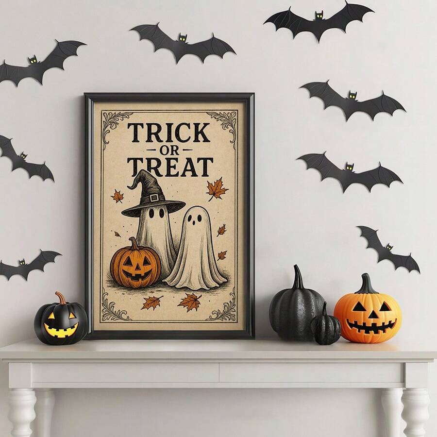 Cute witch hat ghost and jack-o-lantern wall art