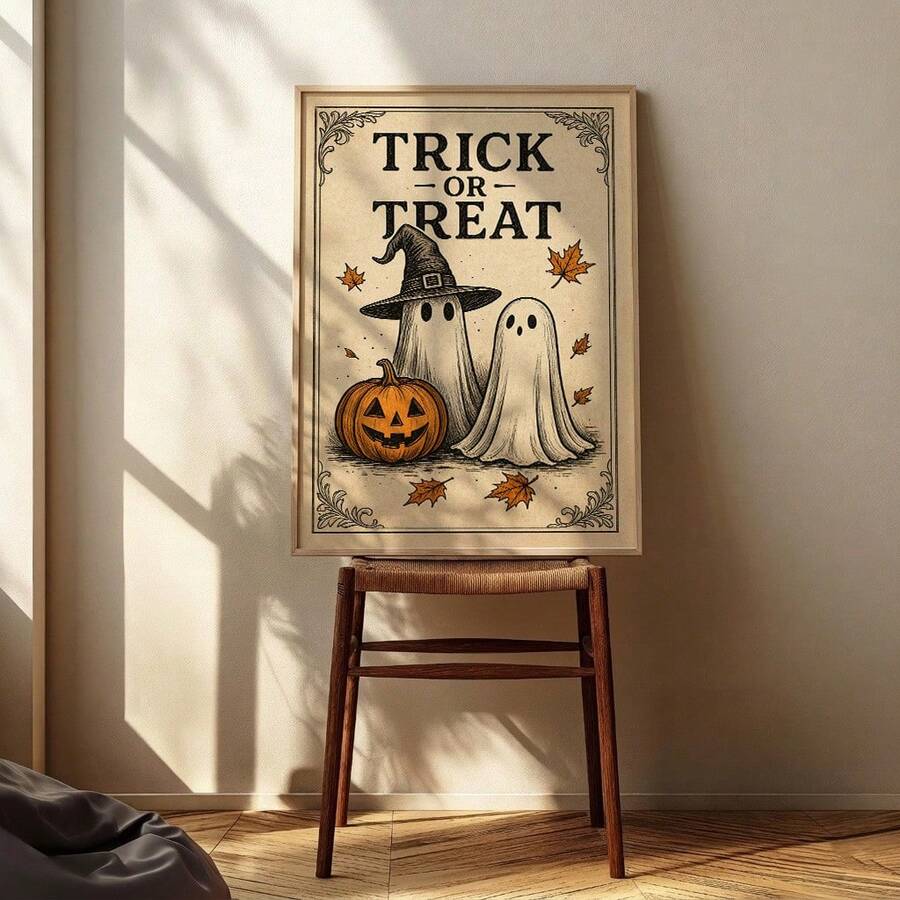 Trick or treat artwork styled on a seasonal mantel