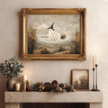 Ornate gold framed ghost on broom canvas above candlelit autumn mantel