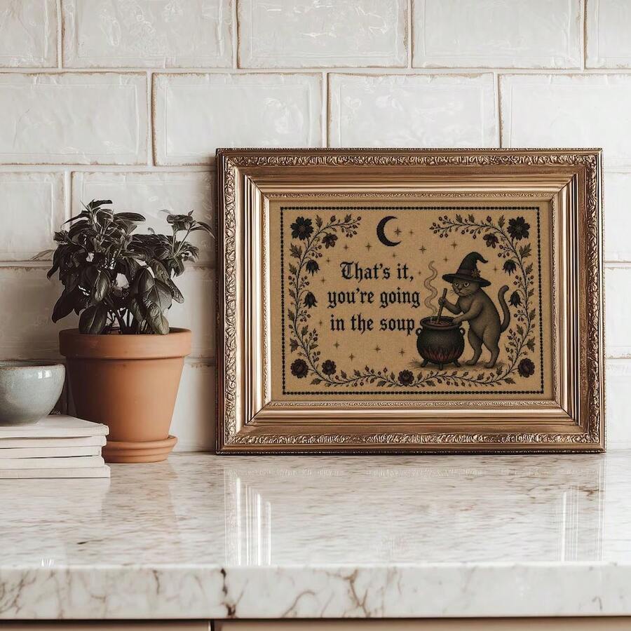 Vintage Floral Witch Cat Canvas poster with dark gothic and country charm. Perfect for witchcore, cottagecore, Halloween, rustic, and cozy home decor.