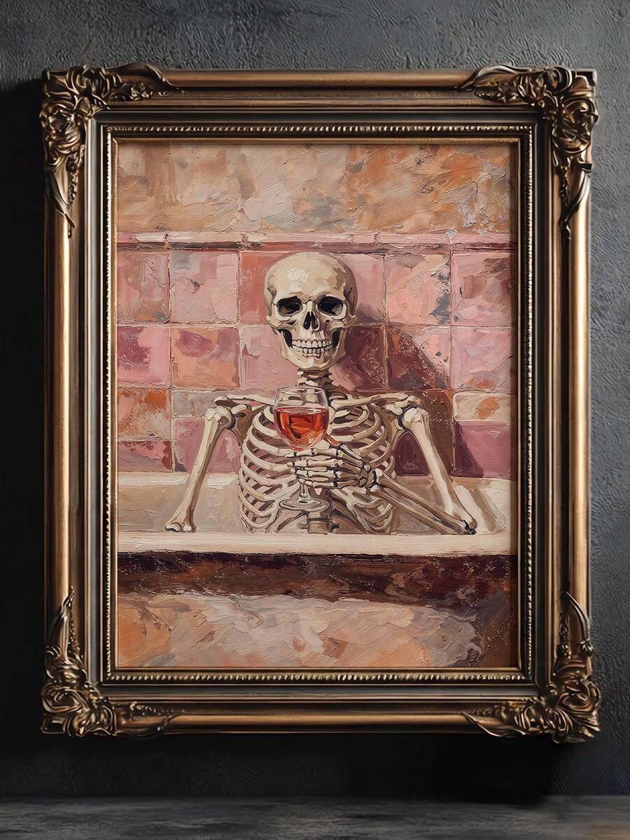 Funny skeleton bath canvas with wine glass in pink tiled bathroom