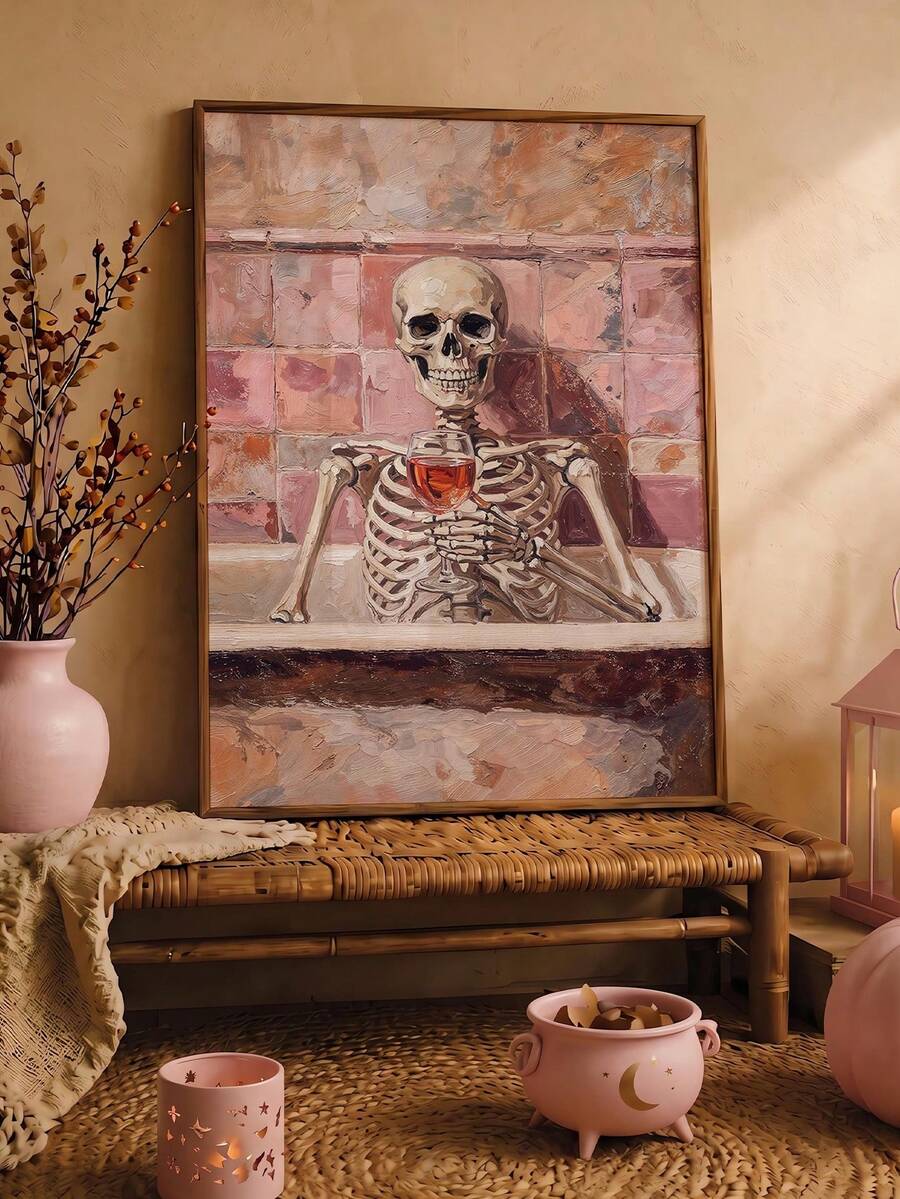 Macabre canvas print showing skeleton in bathtub holding red wine