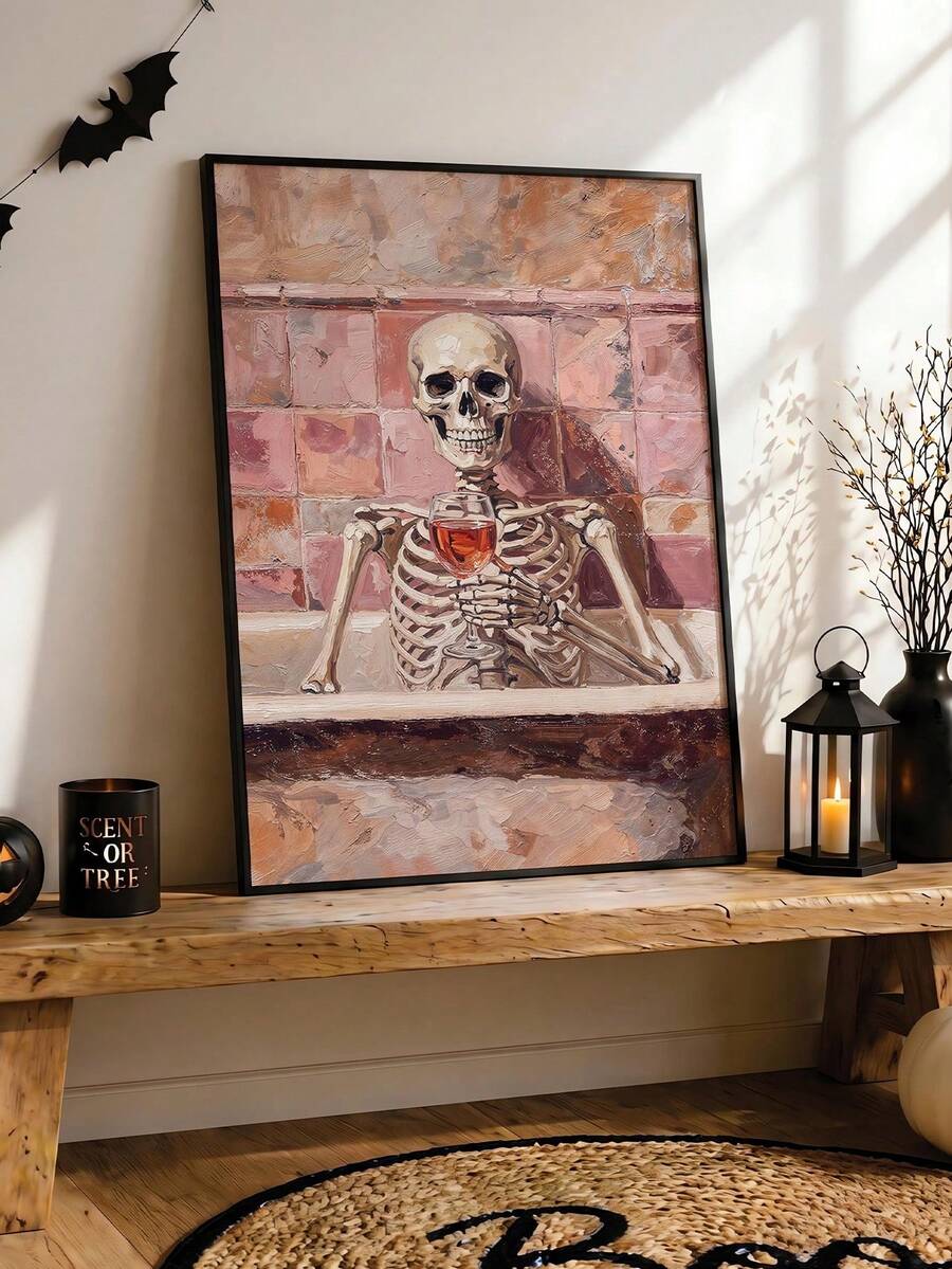 Halloween bathroom decor canvas with skeleton relaxing in bathtub