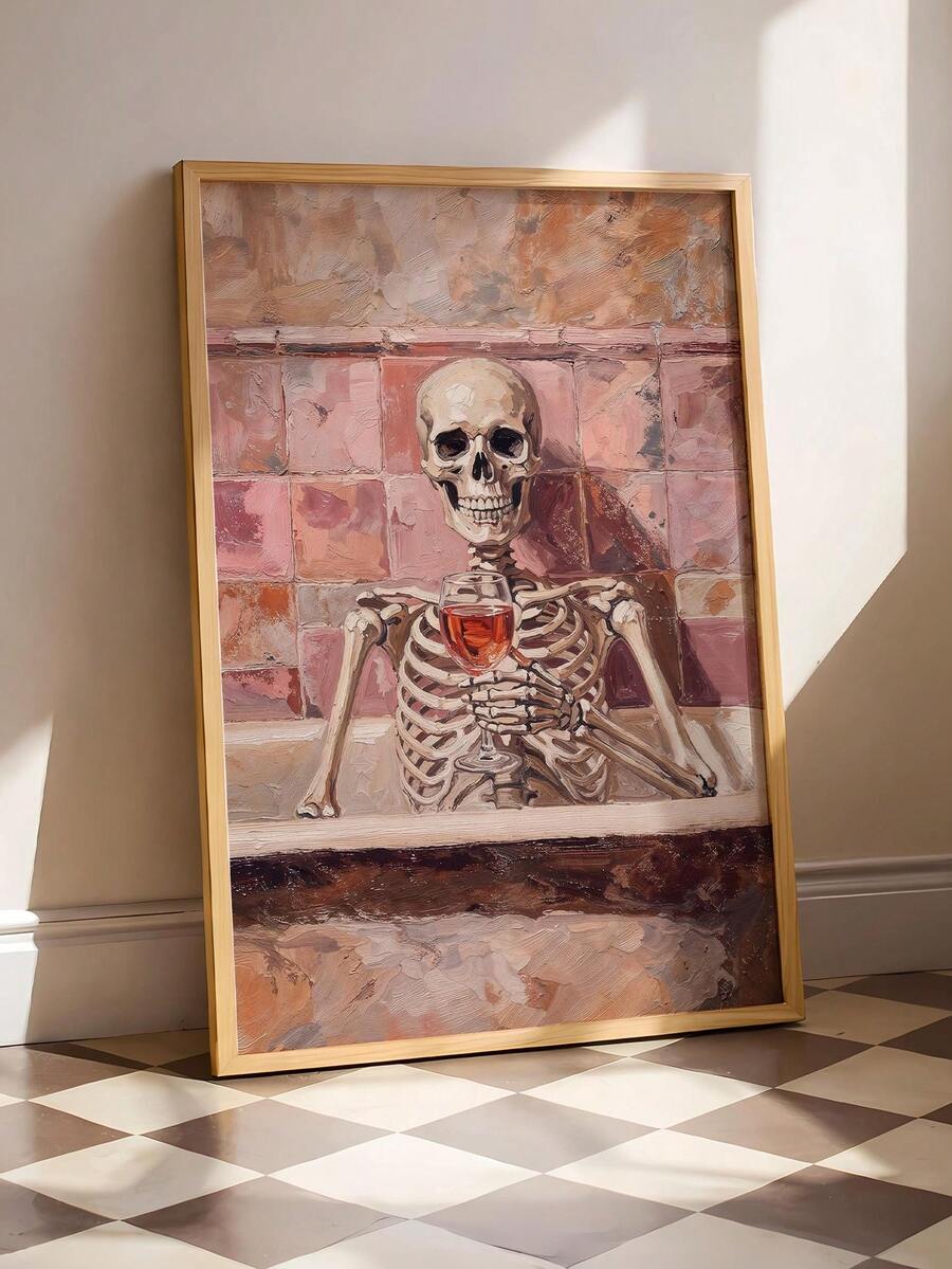 Funny skeleton bath canvas with wine glass in pink tiled bathroom