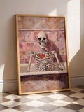Funny skeleton bath canvas with wine glass in pink tiled bathroom