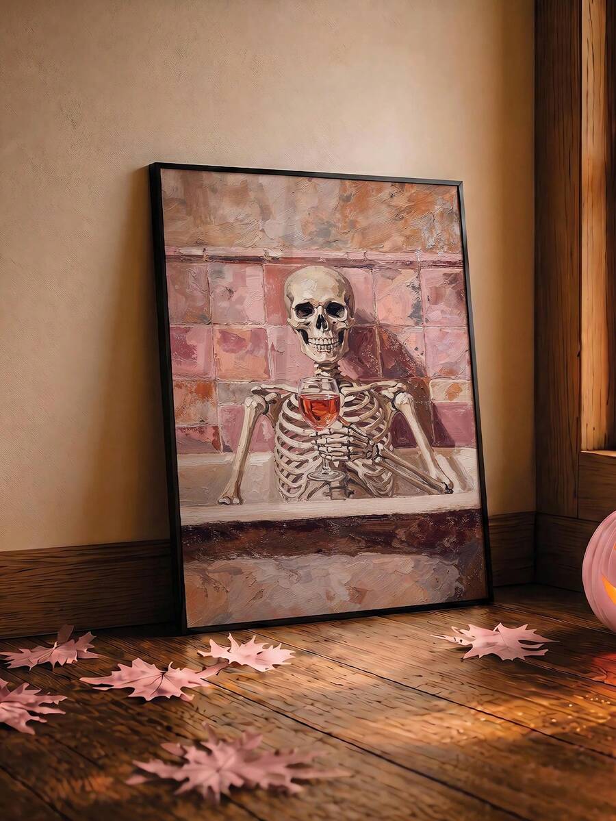 Funny skeleton bathroom art mockup with framed gothic humor print