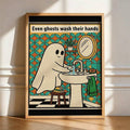 Funny Halloween hygiene poster showing white ghost at sink in vintage cartoon style
