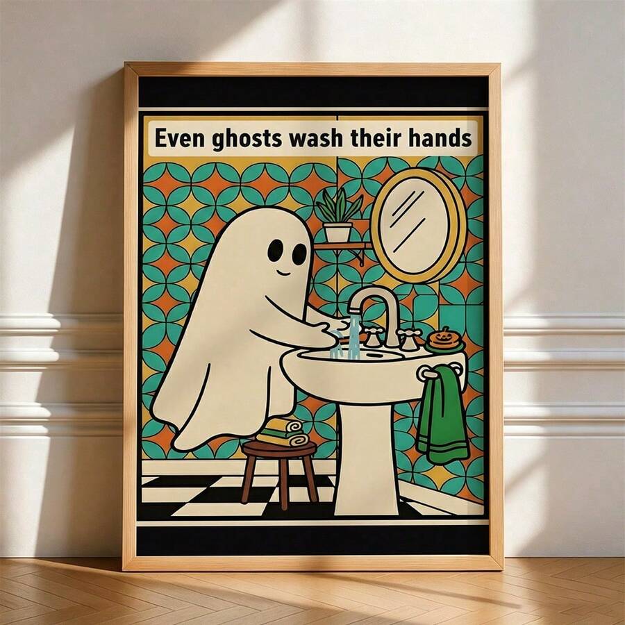 Funny Halloween hygiene poster showing white ghost at sink in vintage cartoon style