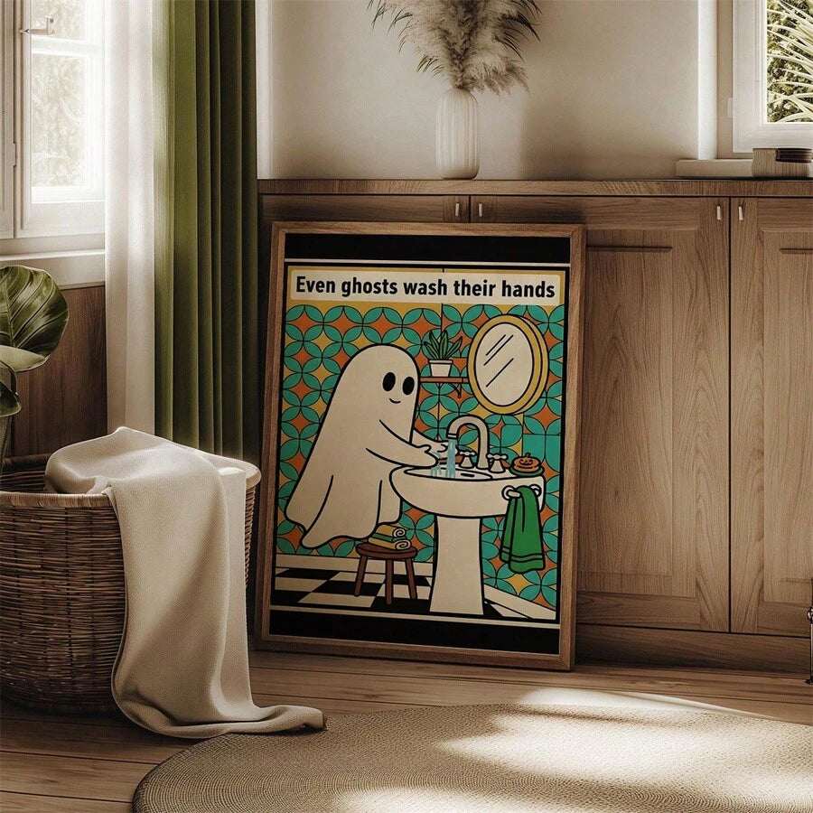 Retro Halloween bathroom poster with cute ghost washing hands and text Even ghosts wash their hands