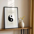 Close-up of Yin Yang and Bagua symbols in monochrome artwork