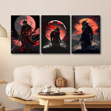 Three-piece dark samurai wall art set with red moons swords mountains and dramatic black crimson palette