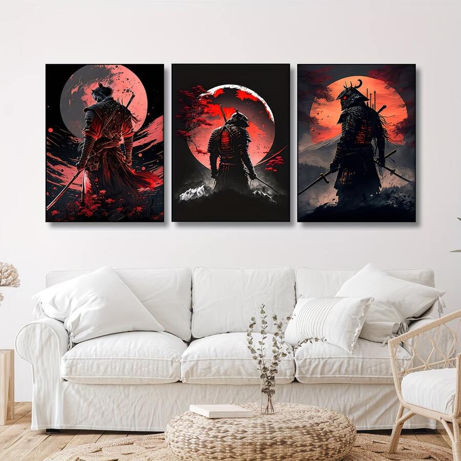Japanese warrior print showing samurai silhouettes under red moon landscape