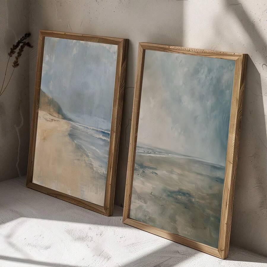 Muted Coastal Beach Canvas Wall Art Set of 2 Beige Blue Landscape Poster