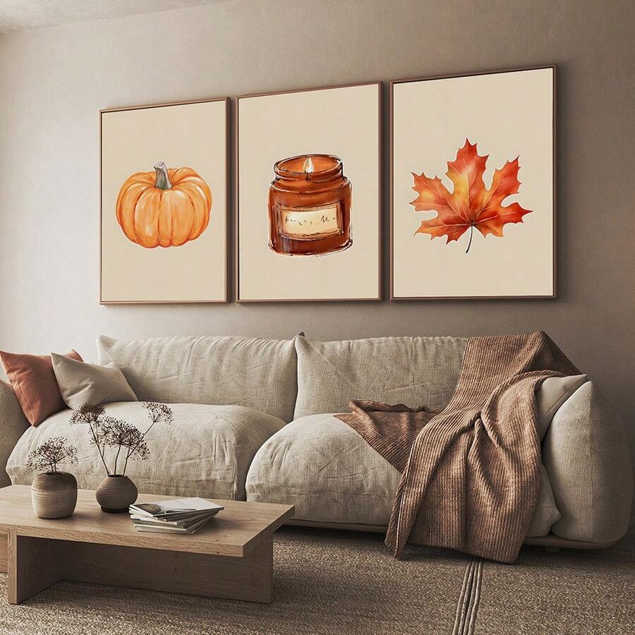 Cozy Autumn Pumpkin and Scented Candle Canvas poster set with warm seasonal charm. Perfect for farmhouse, rustic, cottagecore, kitchen, and fall decor.