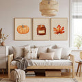 Cozy Autumn Pumpkin and Scented Candle Canvas poster set with warm seasonal charm. Perfect for farmhouse, rustic, cottagecore, kitchen, and fall decor.