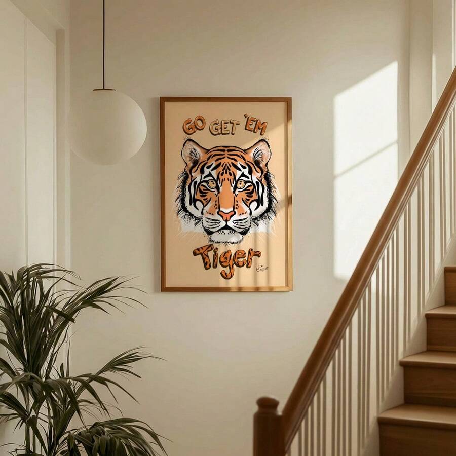 Tiger typography wall art hanging beside staircase