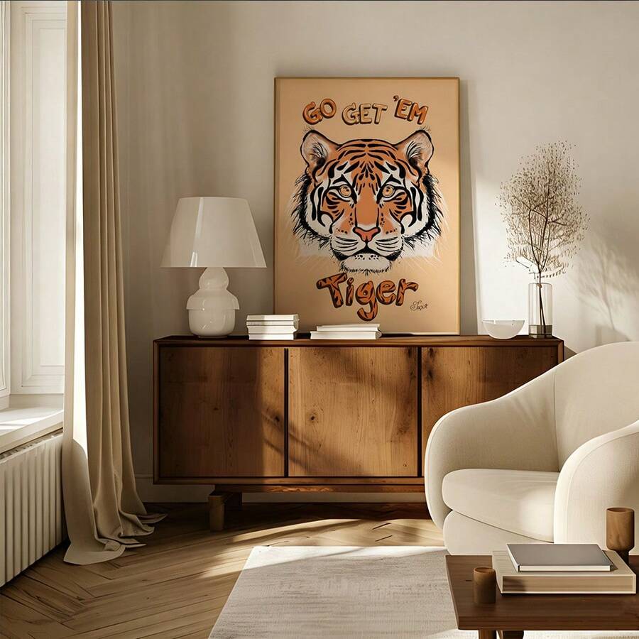 Inspirational tiger canvas poster on living room sideboard