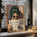 Luxury fashion print with glam woman in sunglasses reading newspaper