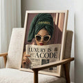 Glam girl wall art shown with towel turban deep green background and red lipstick
