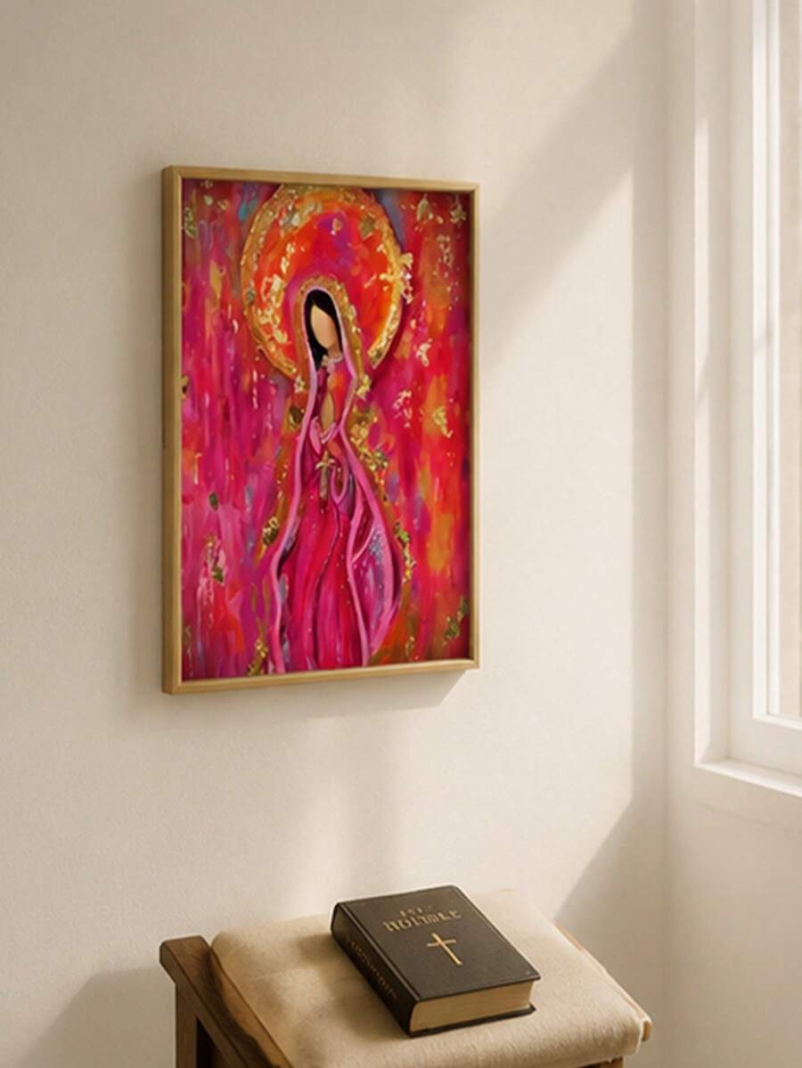 Christian canvas art shown in gold frame with pink magenta and orange brushwork