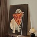 Dog holding pizza wall art beside curtains and a table lamp