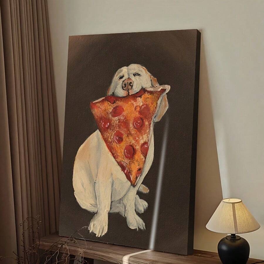 Dog holding pizza wall art beside curtains and a table lamp