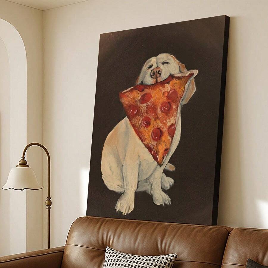 Puppy pizza artwork above a brown leather sofa in a warm living room