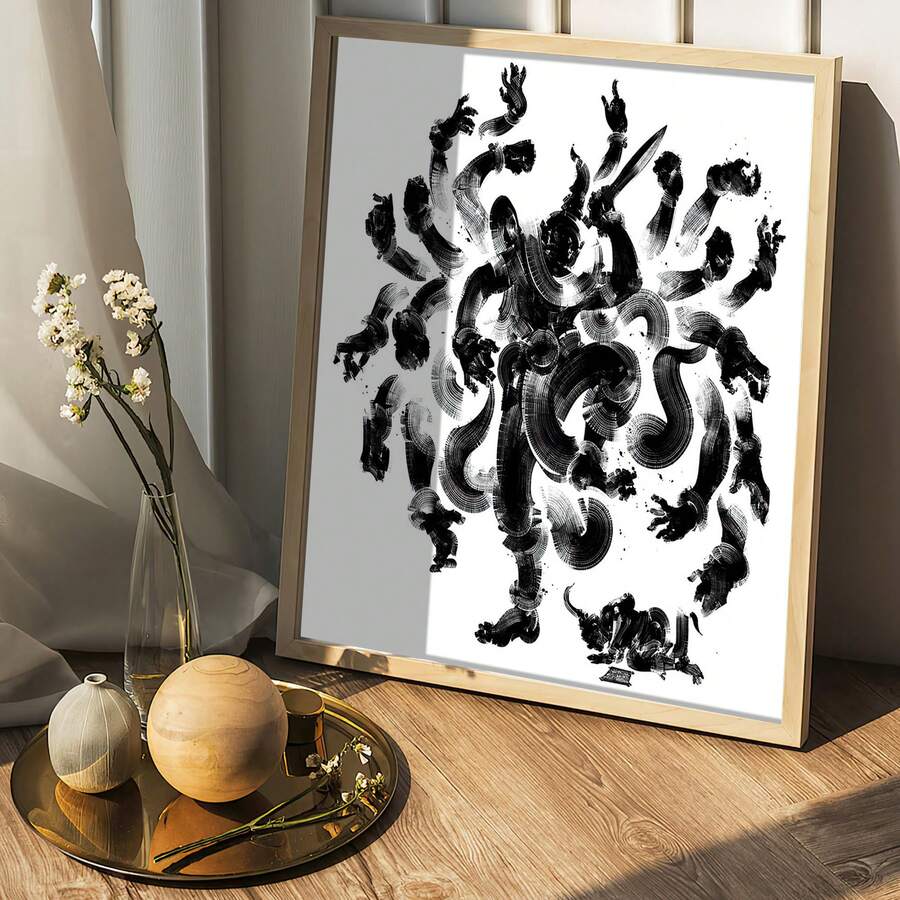 Natural wood framed deity ink wall art in sunlit corner with vase flowers