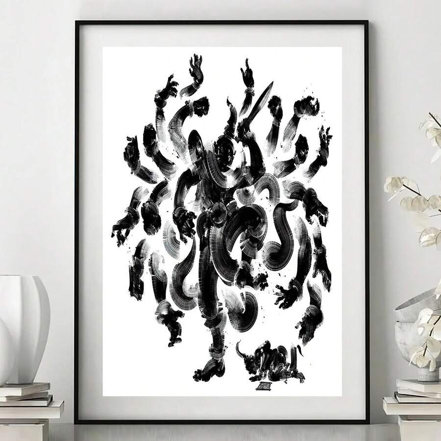 Black framed Buddhist deity poster centered between white vases and orchids