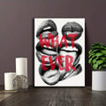 WHAT EVER lips wall art leaning on dark tabletop with candles plant and purple wall