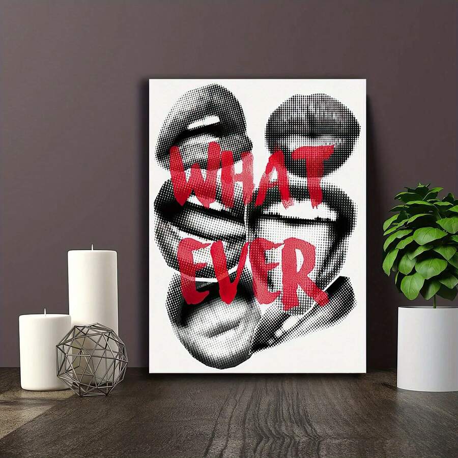 WHAT EVER lips wall art leaning on dark tabletop with candles plant and purple wall