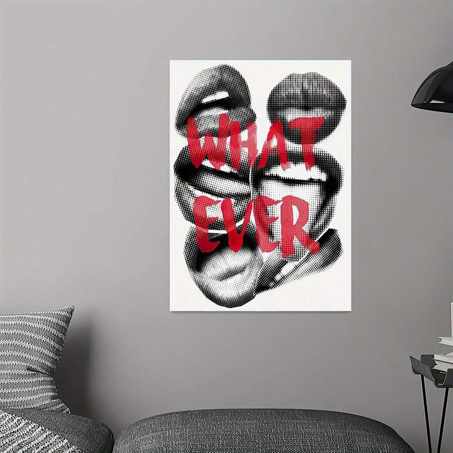 Unframed WHAT EVER graphic print on gray wall above sofa daybed