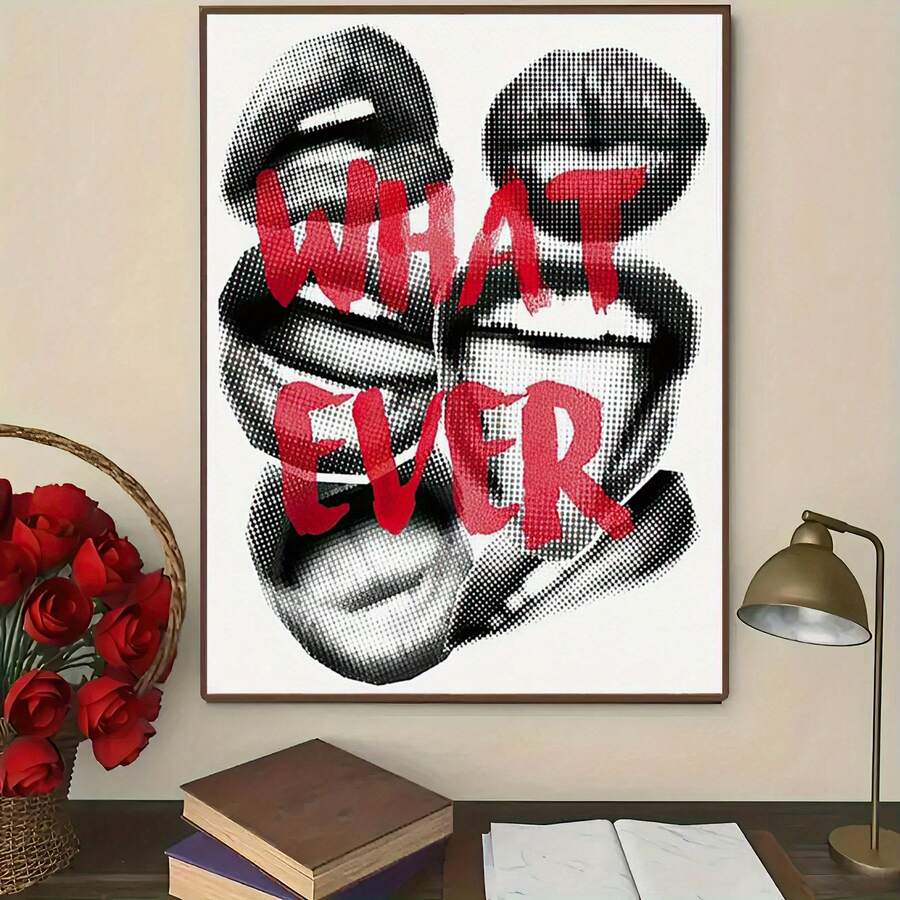 Framed pop art lips poster above desk with roses books lamp and red text