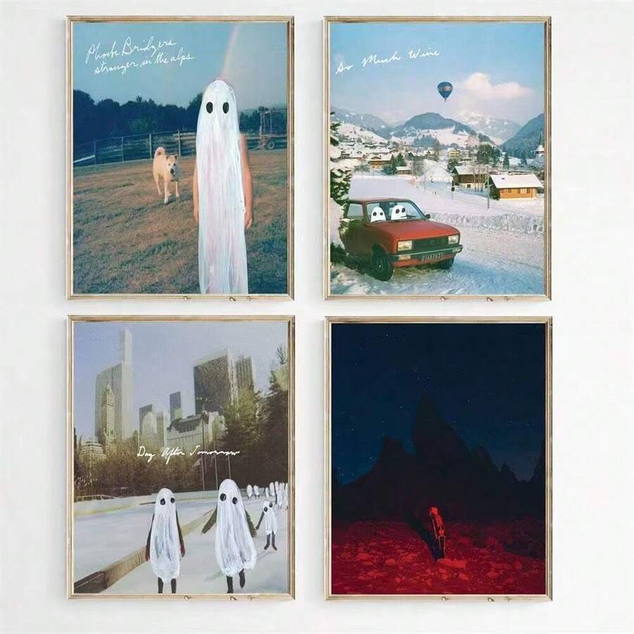 Snowy red car and alpine ghost music print