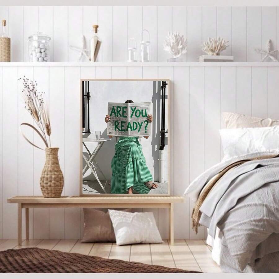 Green quote poster in light wood frame for bedroom decor