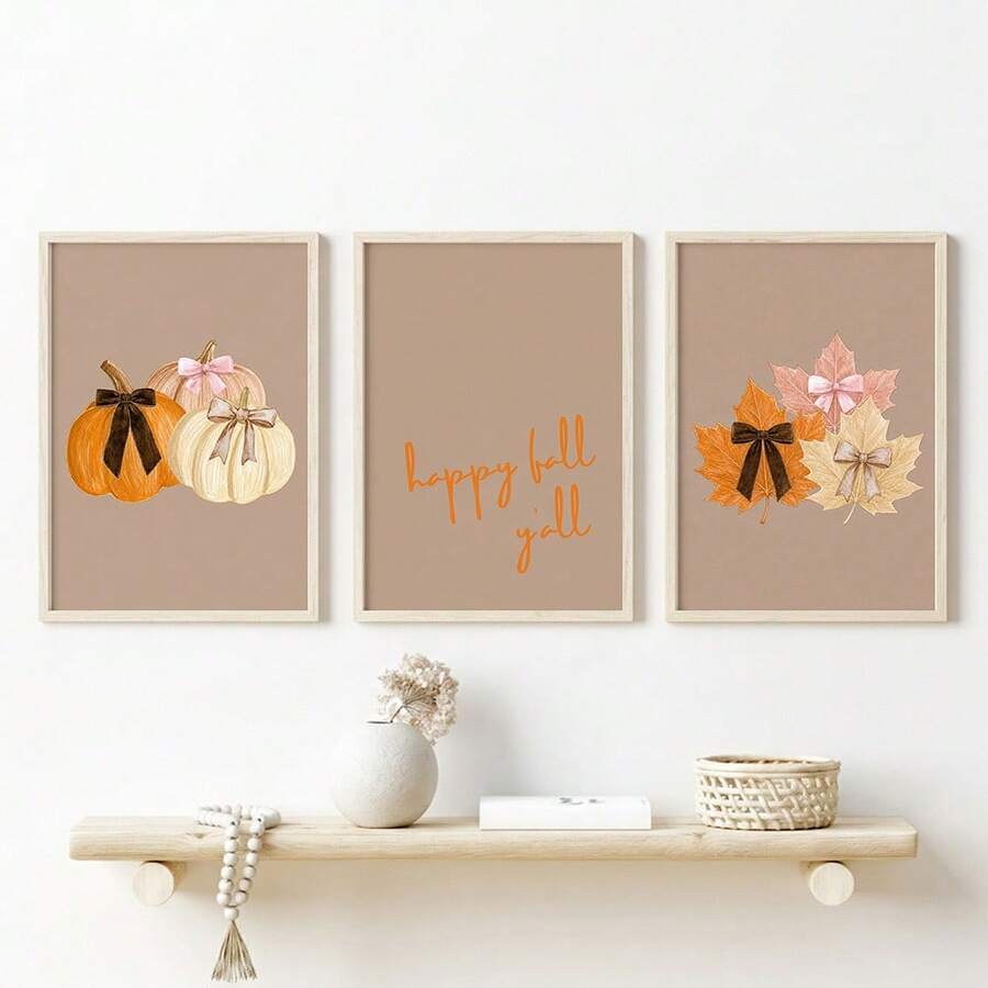 Three-piece autumn wall art set displayed above a floating shelf with woven decor
