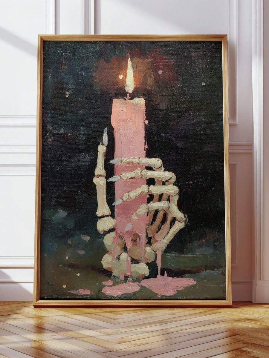 Vintage Gothic Skeleton Holding Dripping Pink Candle Dark Academia Canvas Poster 