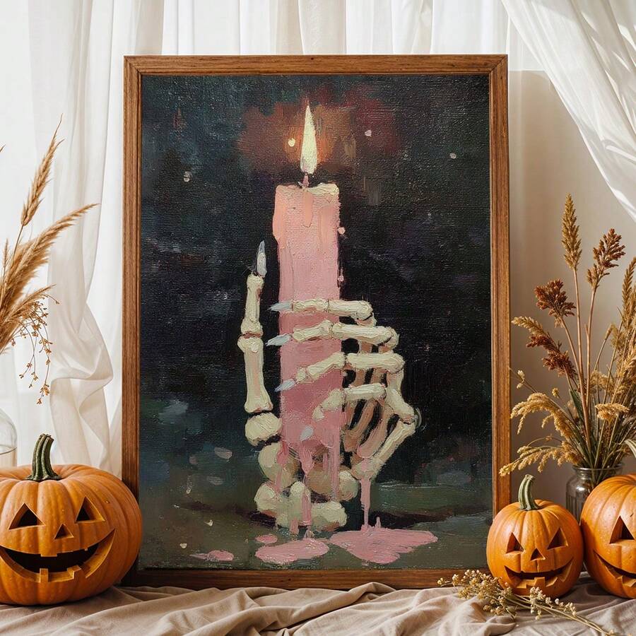 Vintage Gothic Skeleton Holding Dripping Pink Candle Dark Academia Canvas Poster 