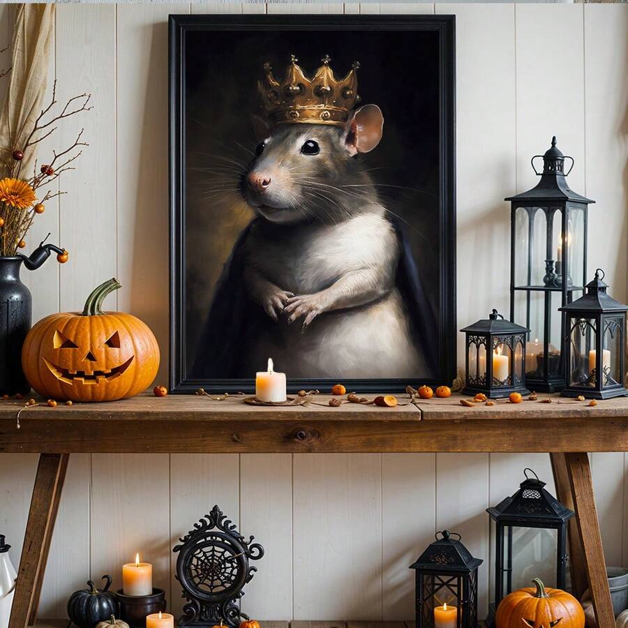 Crowned rat portrait with pumpkins and candles