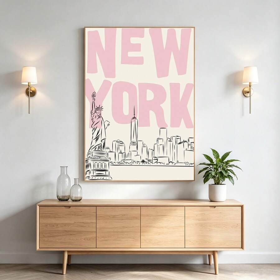 Large pink New York skyline canvas above a wooden console with wall lamps